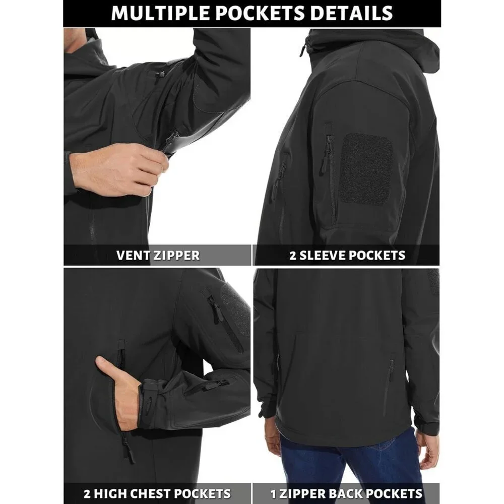 Men's Black Tactical Soft Shell Winter Jacket with Fleece Lining & Hood